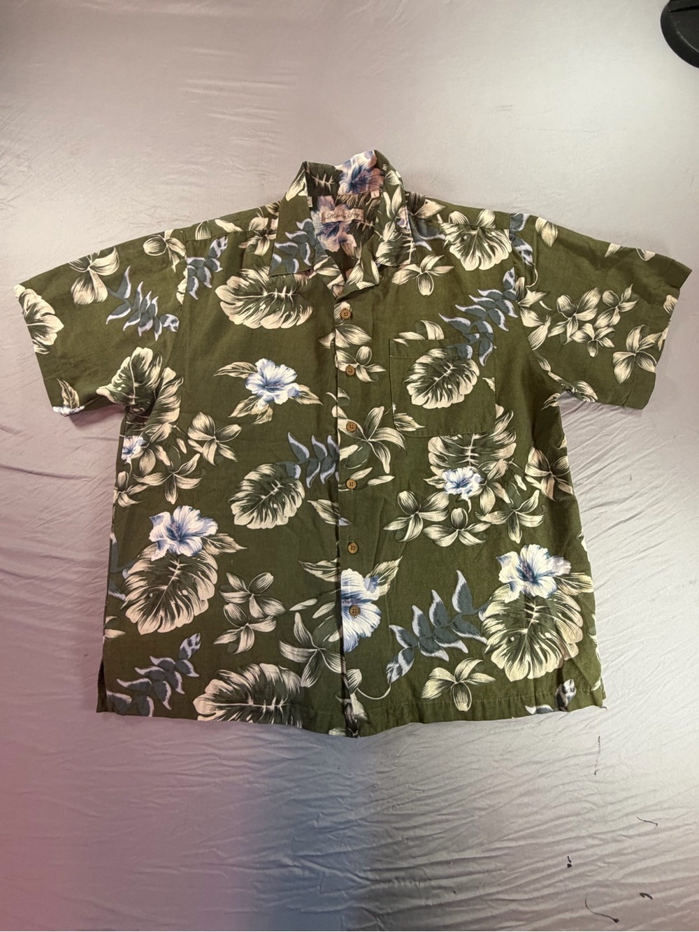 Milano Bay Men's Green Floral Hawaiian Woven Button-Up Shirt Pockets L